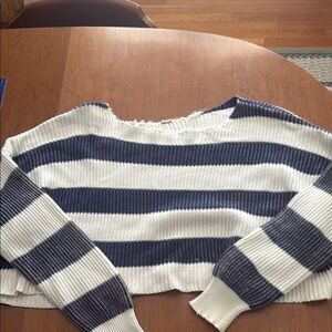 Free People Blue and White Crew Neck Sweater